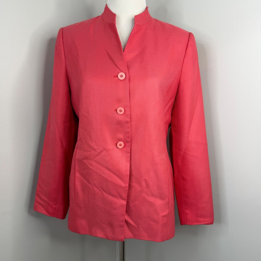 Talbots Petites Silk Wool Blend Blazer Red Pink Mandarin‎ Collar Jacket Size 10P
